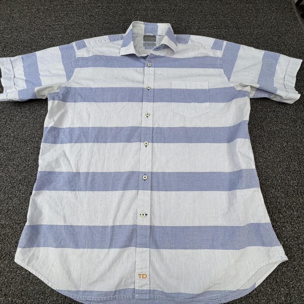 Thomas Dean Shirt Mens L Blue Striped Short Sleeve Button Up Pocket Casual